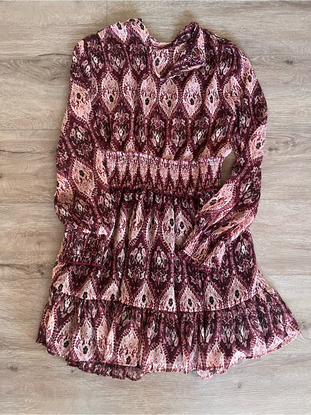 Zara Burgundy and Pink Printed Long-Sleeve Dress